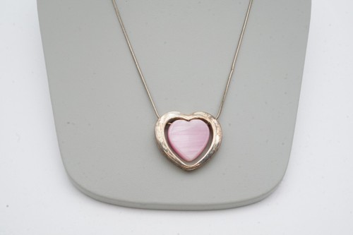 Vintage Necklace Silver Tone Pink Heart 20" - Afbeelding 2 van 6