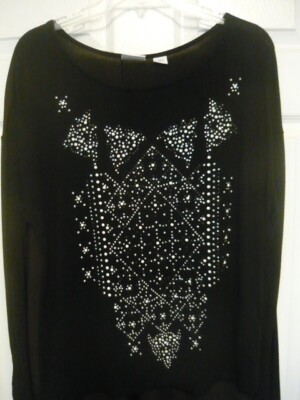 Medium Blouse Top, Long Sleeve, Black, w/ Shimmer bead  Accent, Jaclyn Smith,