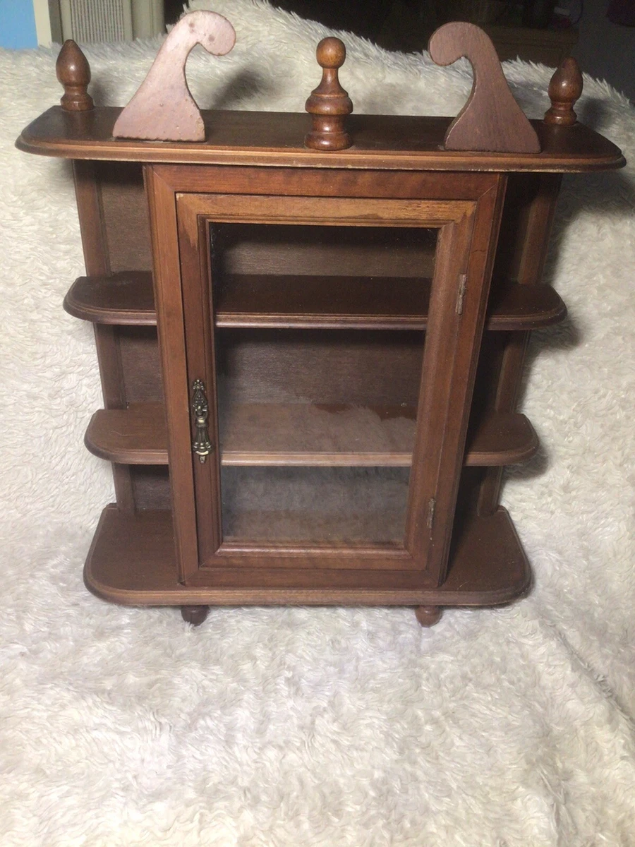 Vintage Curio Cabinet Wood Wall Hanging Or Table Top Glass Door 3 shelf display