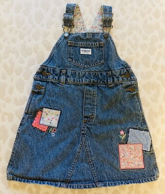 oshkosh denim overall dress 90s Oshkosh B'gosh Girls Denim Dress Size 18 Months Jean Jumper Dark Wash Made in USA Vintage