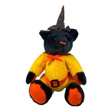 Vintage Plush Teddy Bear Halloween Witch Printed Hat Felt Cape