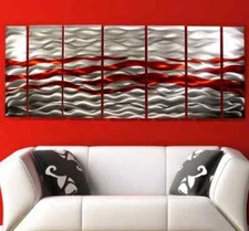 JON ALLEN 7 PIECE Metal wall Art SCULPTURE Size 64x24 Brushed Silver /Red Modern