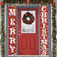 Merry Christmas Hanging Banner Porch Sign with Pattern Christmas Tree Presents S