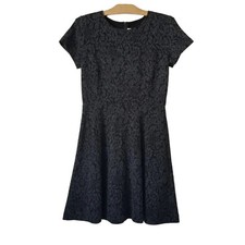 Ann Taylor Loft Womens 6 Jacquard Knit Dress Short Sleeve Fit & Flare Gray Black