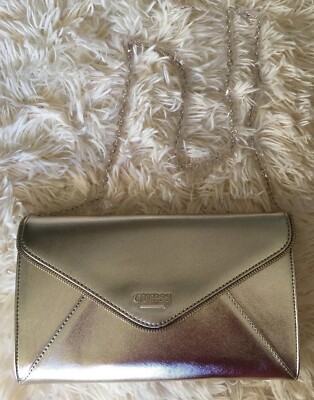 Gold Guess Clutch Purse Chain Christmas Party Holiday Glam Gift Metallic Shimmer