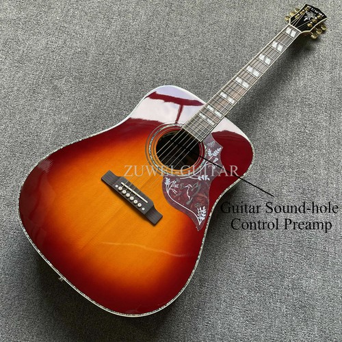 ZUWEI Acoustic Electric Guitar Red Hummingbird Solid Spruce Top Gold
