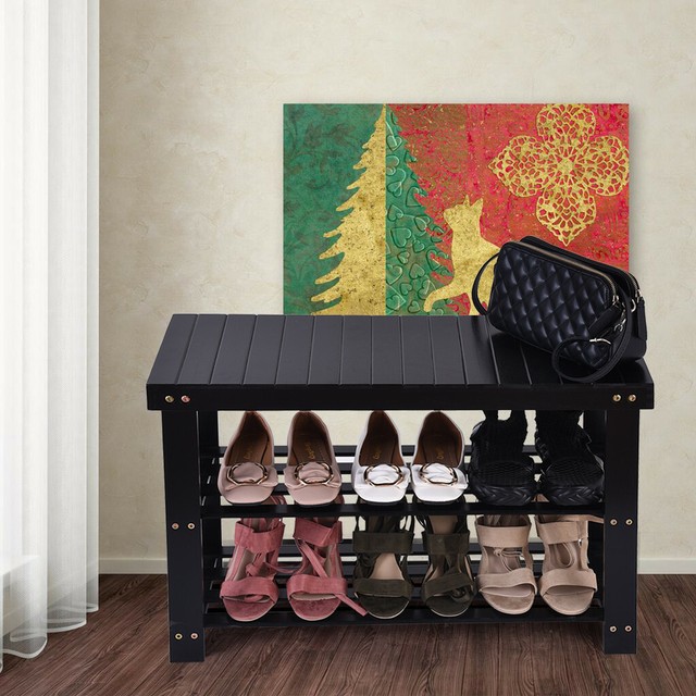 Modern Shoe Bench Entryway Storage Bamboo Coffee Shelf Rack
