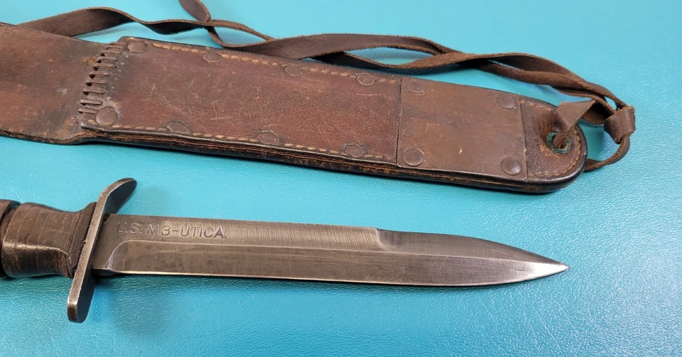 Cuchillo de combate Utica M3 militar de Estados Unidos de la Segunda Guerra Mundial y funda M6 Moose Co. 1943 TR686 Foto 2 de 4