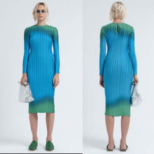 Arthur * Ribbed Pleated Midi Dress Ombre Blue Green Long Sleeve US 6 Free People