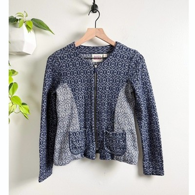 Rosie Neira Anthropologie Navy White Geometric Zip Up Cotton Jacket M Jacquard