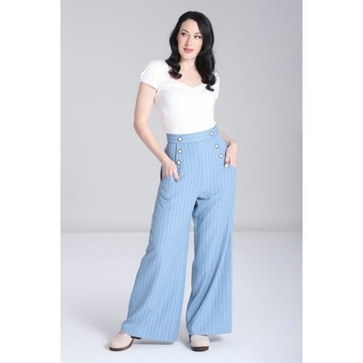 Hell Bunny Caspian Swing Trousers Blue White Striped Wide Leg Pants XS New