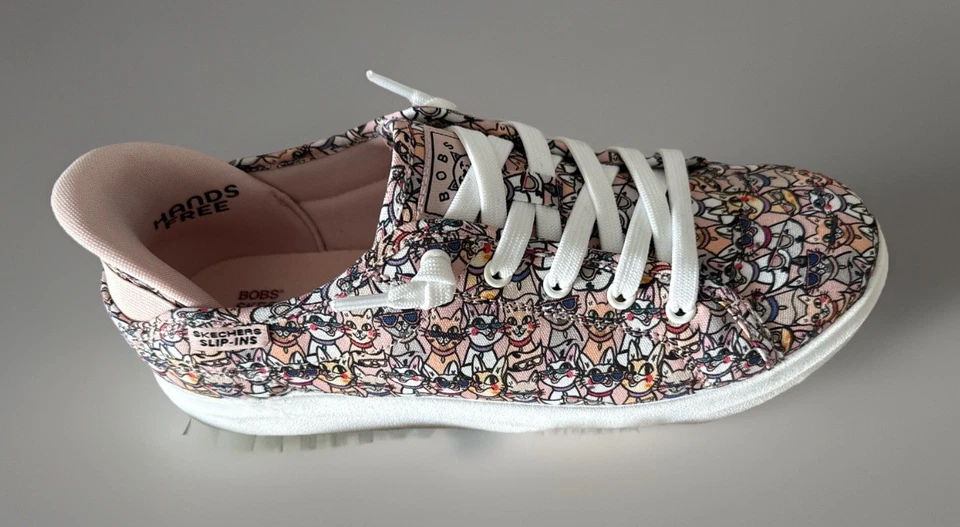 Tenis para mujer Skechers BOBS sin cordones estampado de gato espuma viscoelástica talla 7,5 como nuevos en la parte superior Foto 3 de 4