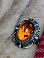R491 Vintage Sterling Silver Baltic Amber Ring 925 Oval Amber Cabochon Statement