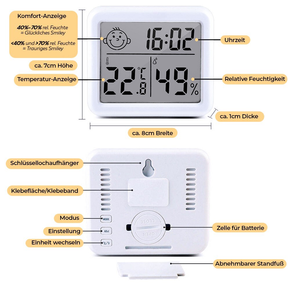 Modern Thermometer Klein Hygrometer Luftfeuchtigkeit Temperatur Uhrzeit