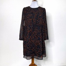 Nine West Accordion Pleat Shift Dress Women Small Orange/black Floral Sheer Boho