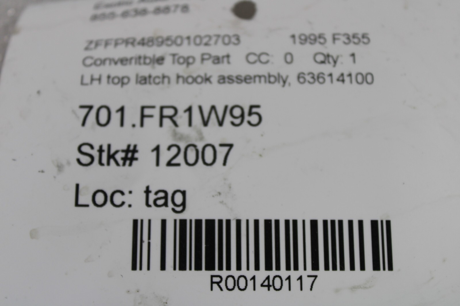 Ferrari F355, 348, LH, Left, Convertible Top Latch, Used, P/N 63614100