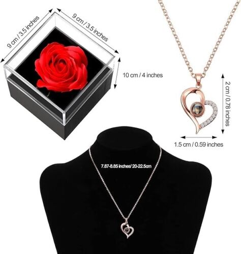 Preserved Real Red Rose with Heart Necklace, Gift Box, Women Girlfriend Mother - Picture 2 of 5