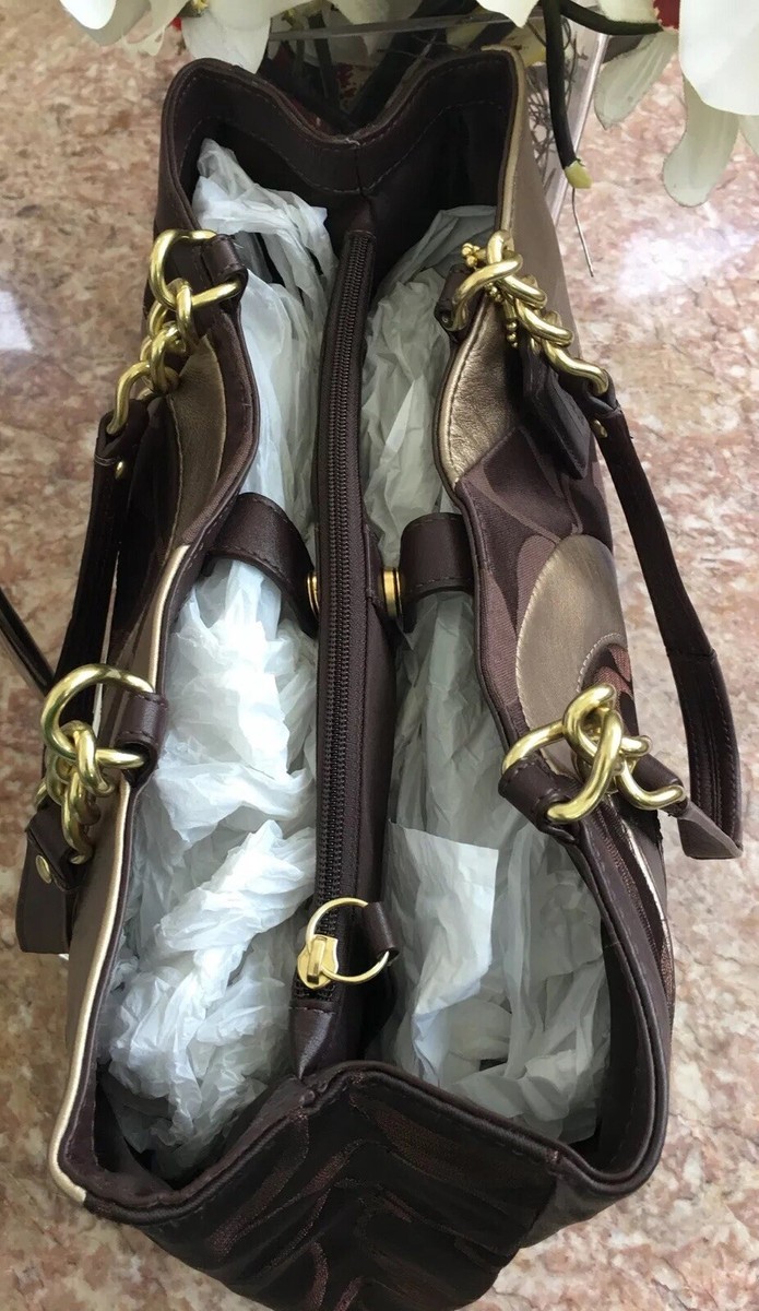 Coach Inlaid Brown Gold Patchwork Leather Chain Tote Bag  display picture 1