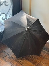 Vintage VICTORIAN BLACK FABRIC UMBRELLA Antique Parasol Wood Handle