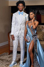 Men's White Jacquard Paisley Peak Lapel 2 Piece Groom Party Tuxedo Wedding Suit