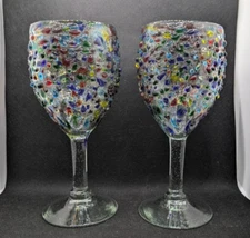 Set of 2 Hand Blown Mexican Confetti Wine Glass Water Goblet Multicolor Rainbow