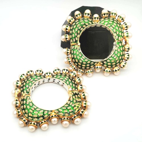 Indian Gold Tone 2 Pcs Polki Pearl Bangle Bracelet Wedding Bollywood Jewelry Set - Picture 5 of 10