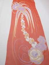 Vintage Floral Sheer Vinal Long Scarf Orange Lavender Rolled Edges 44" x 15"