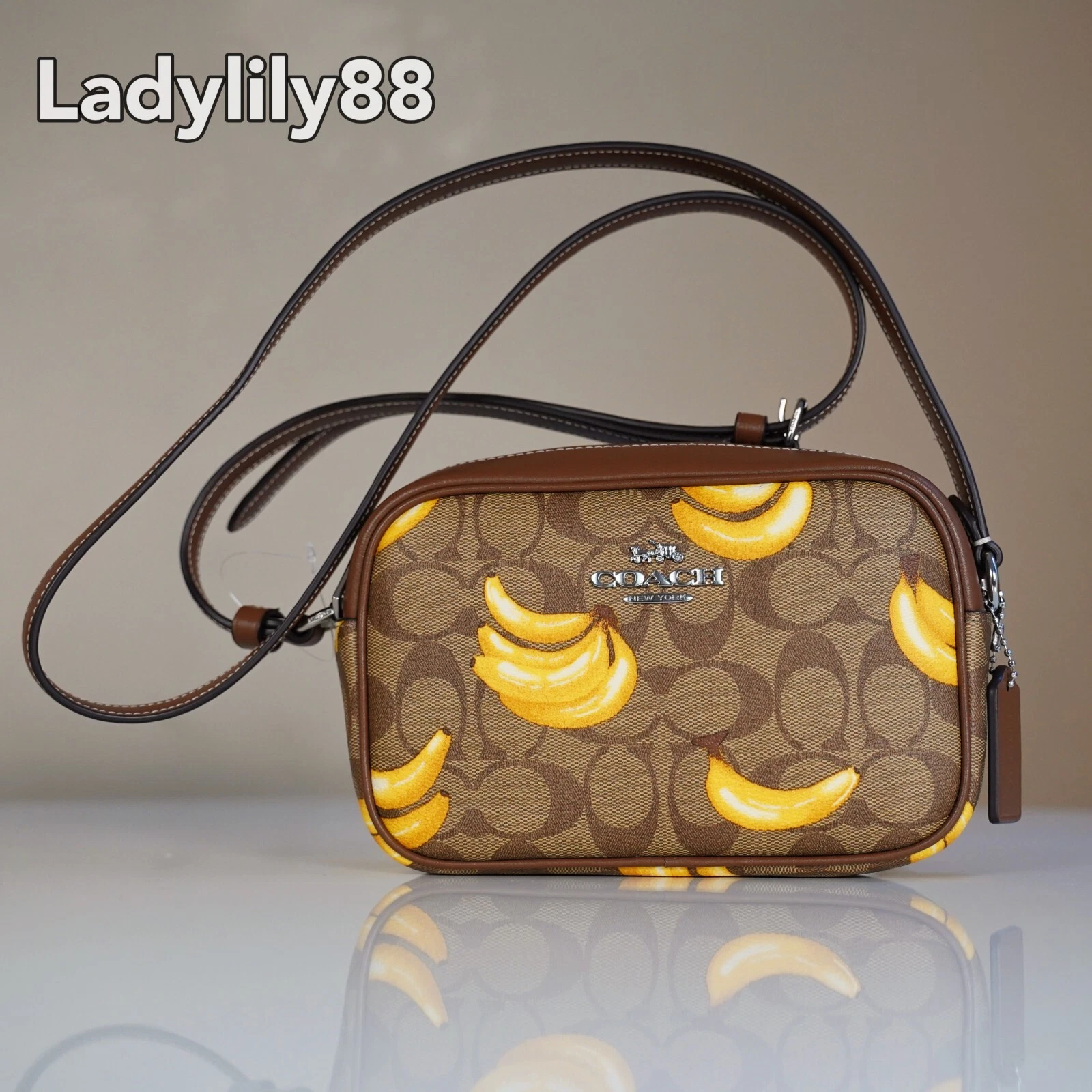 Mini borsa per fotocamera Jamie nuova con etichette Coach CR175 CR176 in tela firmata banana mirtillo
