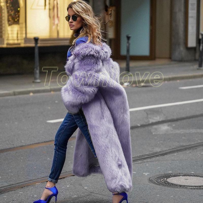 Womens Eco Furry Laple Long Faux Fur Coat Loose Celebrity Fashion