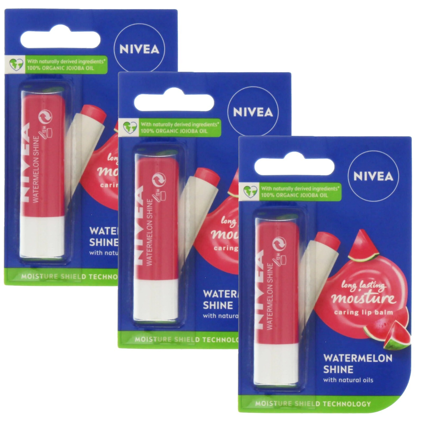 Nivea Caring Lip Balm Watermelon Shine with Natural Oils 4.8g - 3 PACK