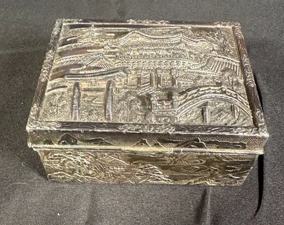 Vintage Japanese Metal Trinket Box Wood Lined Embossed Pagoda Landscape 3.5x3" - Image 1 of 4