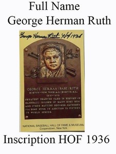 Babe Ruth HOF Plaque Postcard with Replica actual Ink Autograph dated HOF 1936