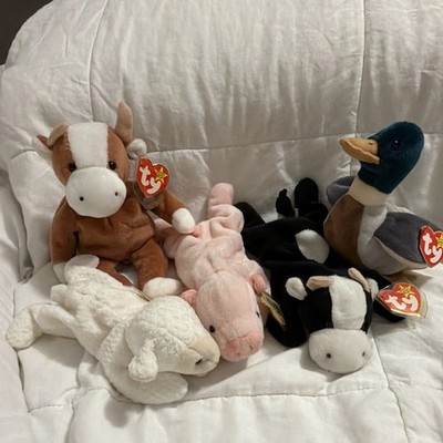 Ty Beanie Babies Farm Animal Beanbag Plush Lot of 5 Cow Pig Duck Lamb
