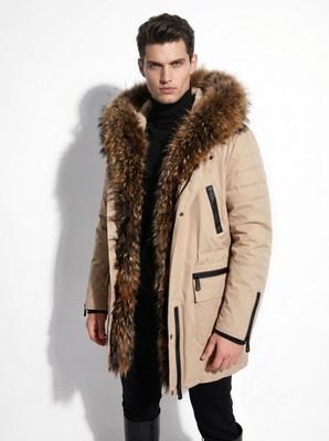 Men's Real Raccoon Fur Trim Hooded Luxury Coat Winter Parka Jacket