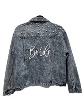 Bride Women  s Denim Blue Jean Jacket Medium Embroidered Pearls Wedding Wife