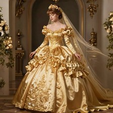 Vintage Victorian Gold Wedding Dress Puff Long Sleeves Ball Princess Bridal Gown