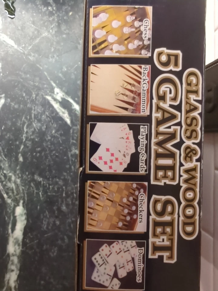Glass and Wood 5 Game Set Chess Checkers Dominoes Playing Cards Open Box - Image 4 of 4