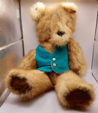 Vintage 14  Real Mink Fur Brown Jointed Teddy Bear in Green Vest