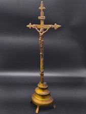 Antico crocifisso da altare in ottone croce teschio e ossa incrociate Memento...