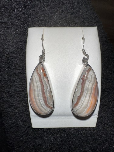 Natural Crazy Lace Agate Gemstone Drop Dangle Pear Earrings 925 Sterling Silver - Picture 3 of 7