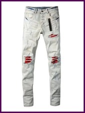 High Street Men's Vintage Jeans American Streetwear Elastic Slim-fit Jeans with