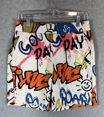 Manfinity Shorts Mens Small Graffiti Print Elastic Waist Casual Summer