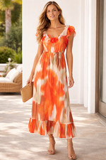 Banana Republic Dress Womens XL Tall Orange Tie Dye Ruffle Chiffon Maxi Sundress