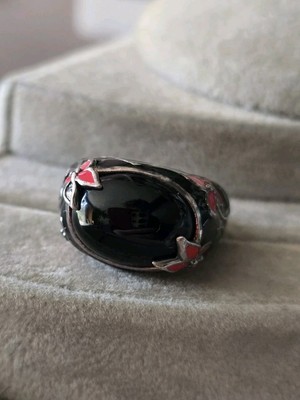 David Sigal sterling silver black onyx pink flower enamel Ring C