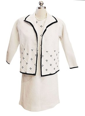 VINTAGE MARCO POLO KNIT DRESS & JACKET SET   WHITE BASKET WEAVE WITH NAVY TRIM