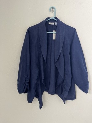 WOMEN SIZE 3 XL US 16  Chico's Adeline Linen Hudson Blue Open Ruffled jacket NEW