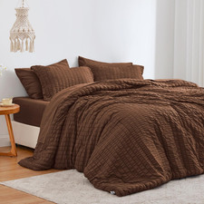 Seersucker Brown Full Comforter Set, 7-Piece All Season Lightweight Bed in a Bag