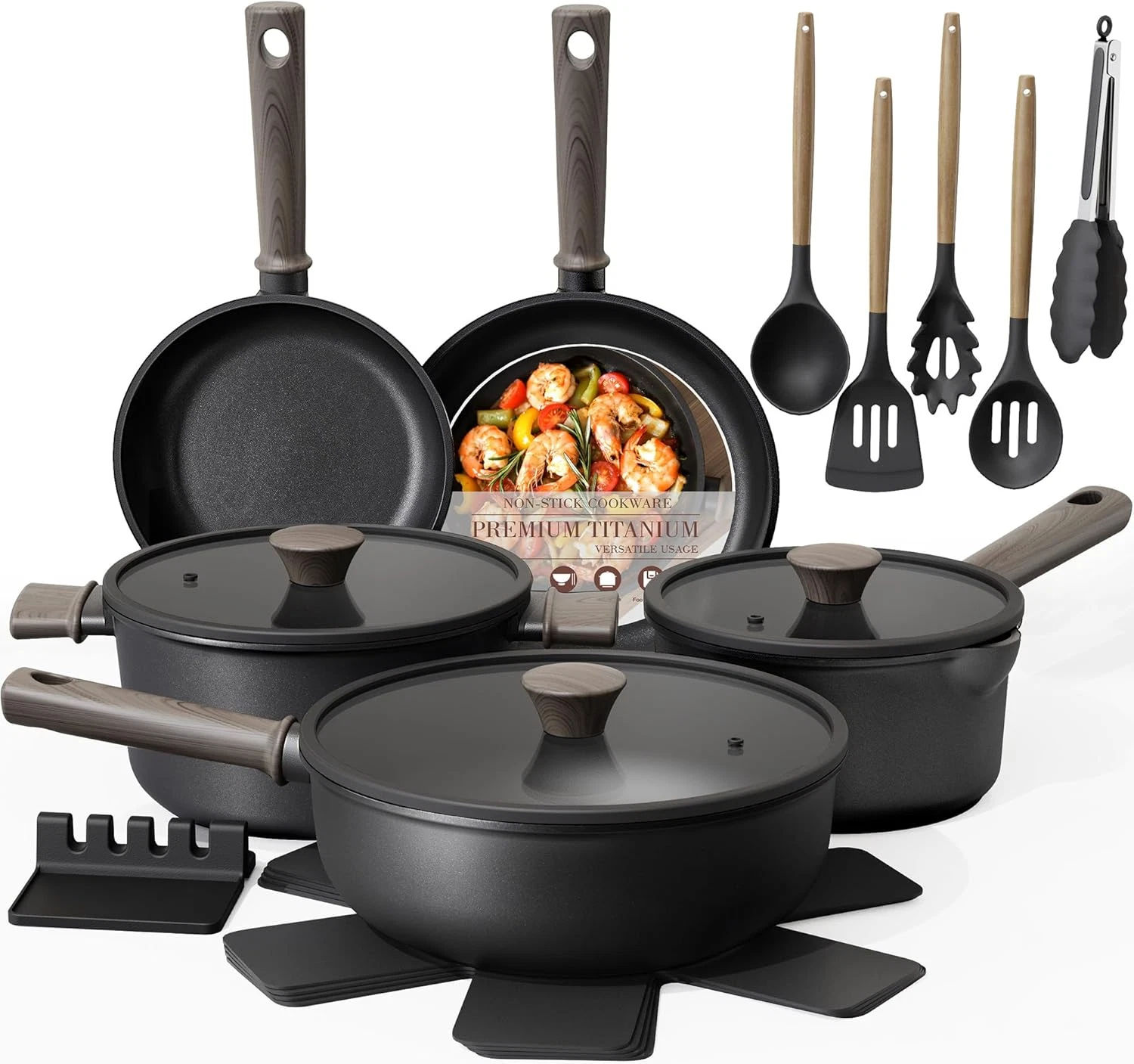 19-Piece Non-Stick Black Titanium Cookware Set - Healthy & Safe for Cooking