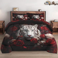 Queen Size Comforter Set with 2 Pillowcases, White Tiger Wild Animal 3 Pcs Beddi