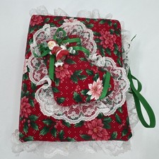 Vintage Handmade Fabric Lace Padded Christmas Santa Photo Album Poinsettias